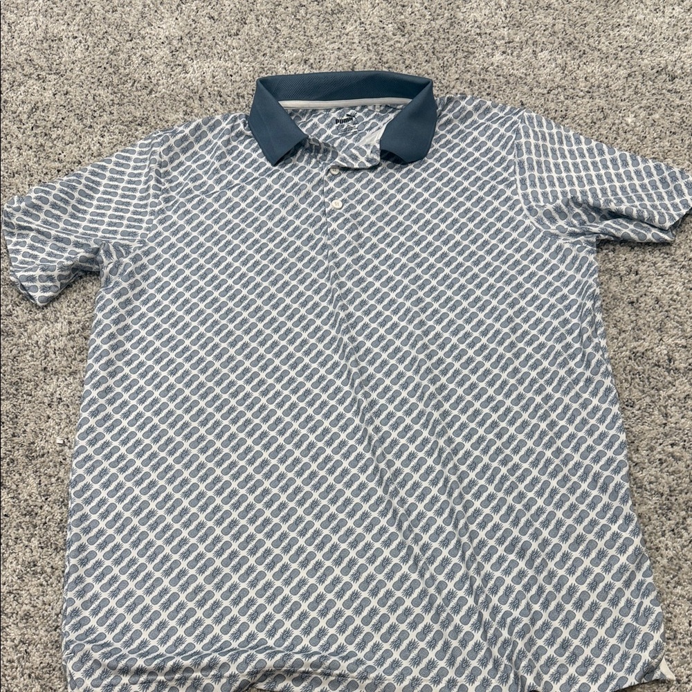 Puma Men's Geometric Blue and White Polo
